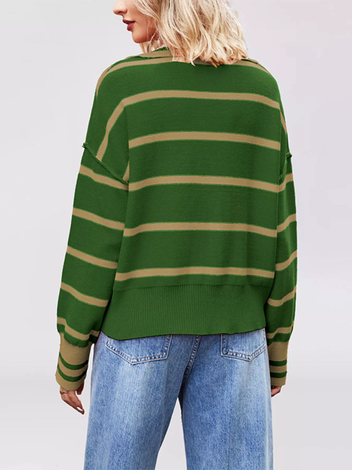 Striped Johnny Collar Dropped Shoulder Sweater (8)