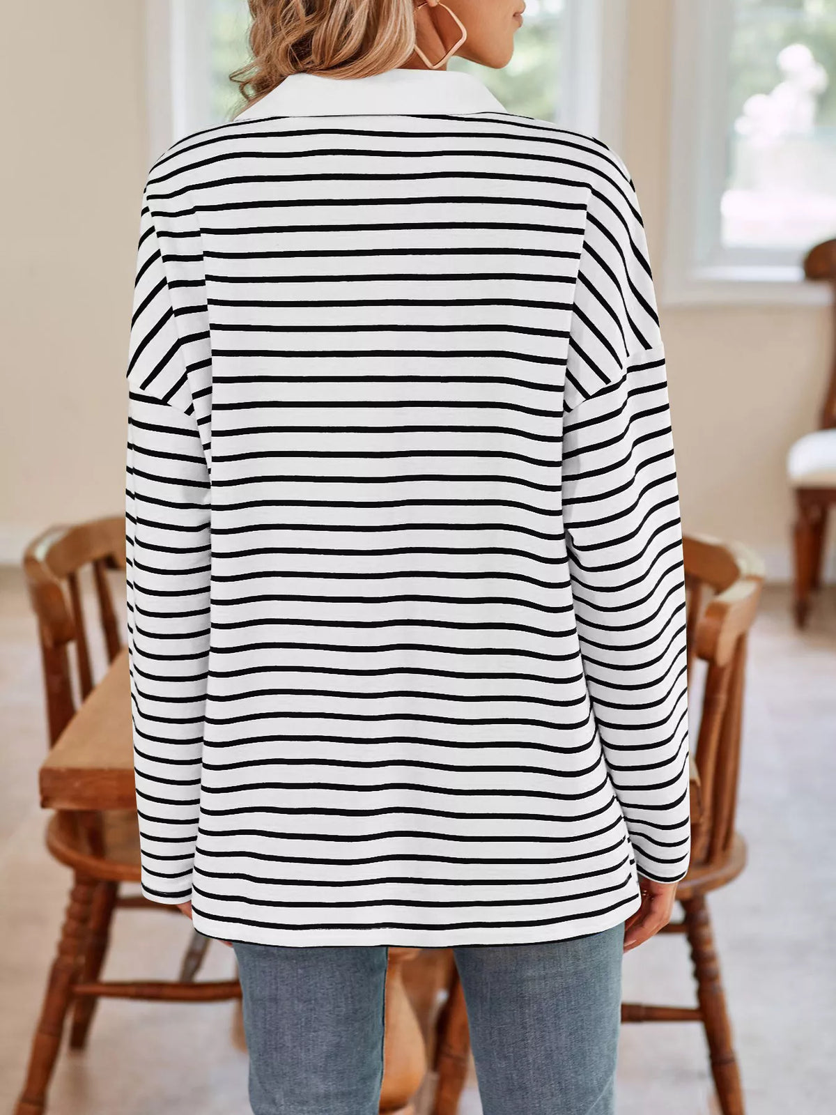 Oversized Striped Johnny Collar T-shirt (5)
