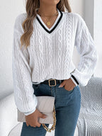 Cable Knit V-neck Long Sleeve Sweater (15)