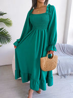 Smocked Square Neck Flounce Sleeve Dress (15)