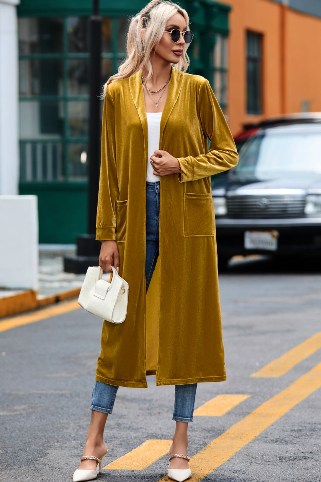 Velvet Open Front Long Cardigan Pockets (2)