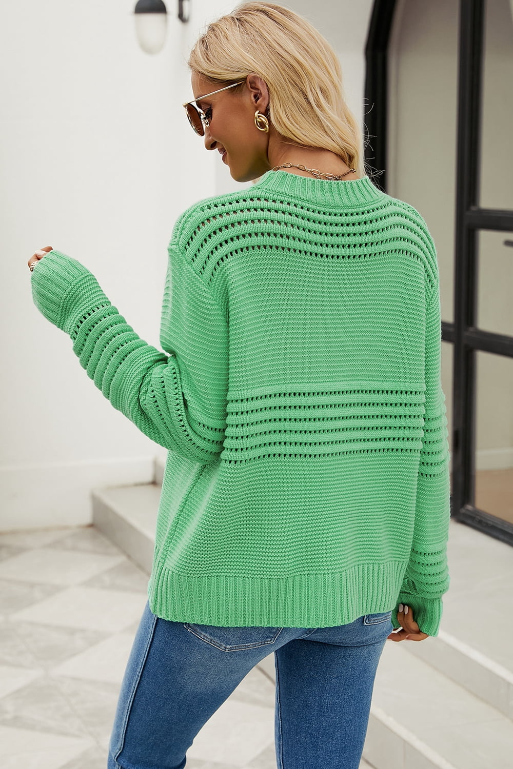 Round Neck Openwork Long Sleeve Pullover Sweater (9)