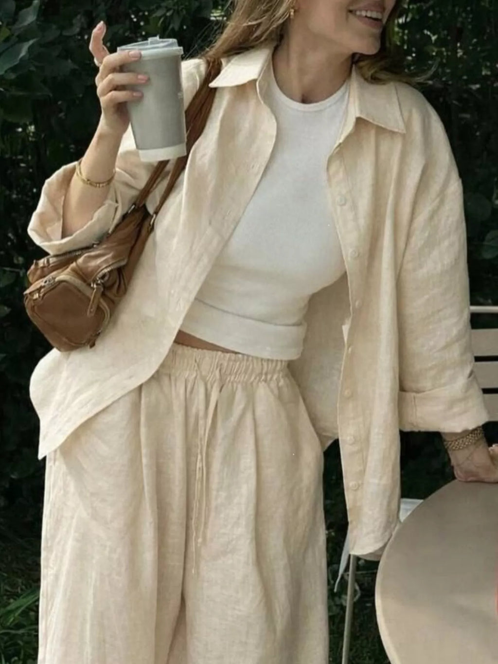 Button Up Shirt Drawstring Pants Set