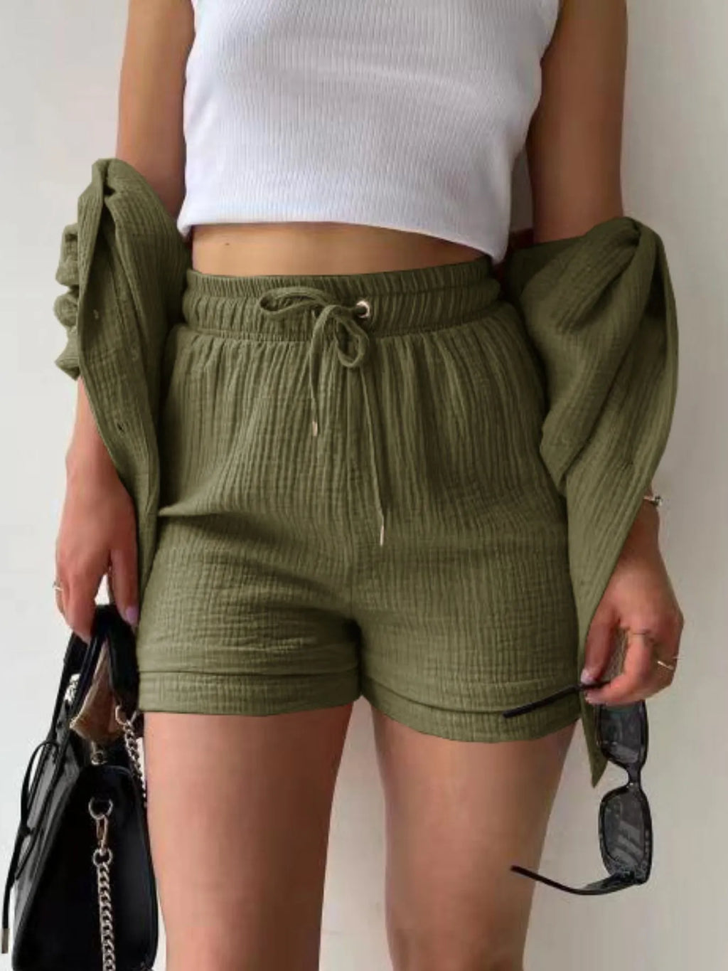 Textured Button Up Shirt Shorts Set (15)