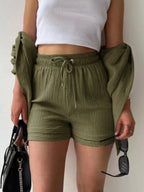 Textured Button Up Shirt Shorts Set (15)