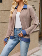 Contrast Denim Collar Zip Up Outerwear (4)