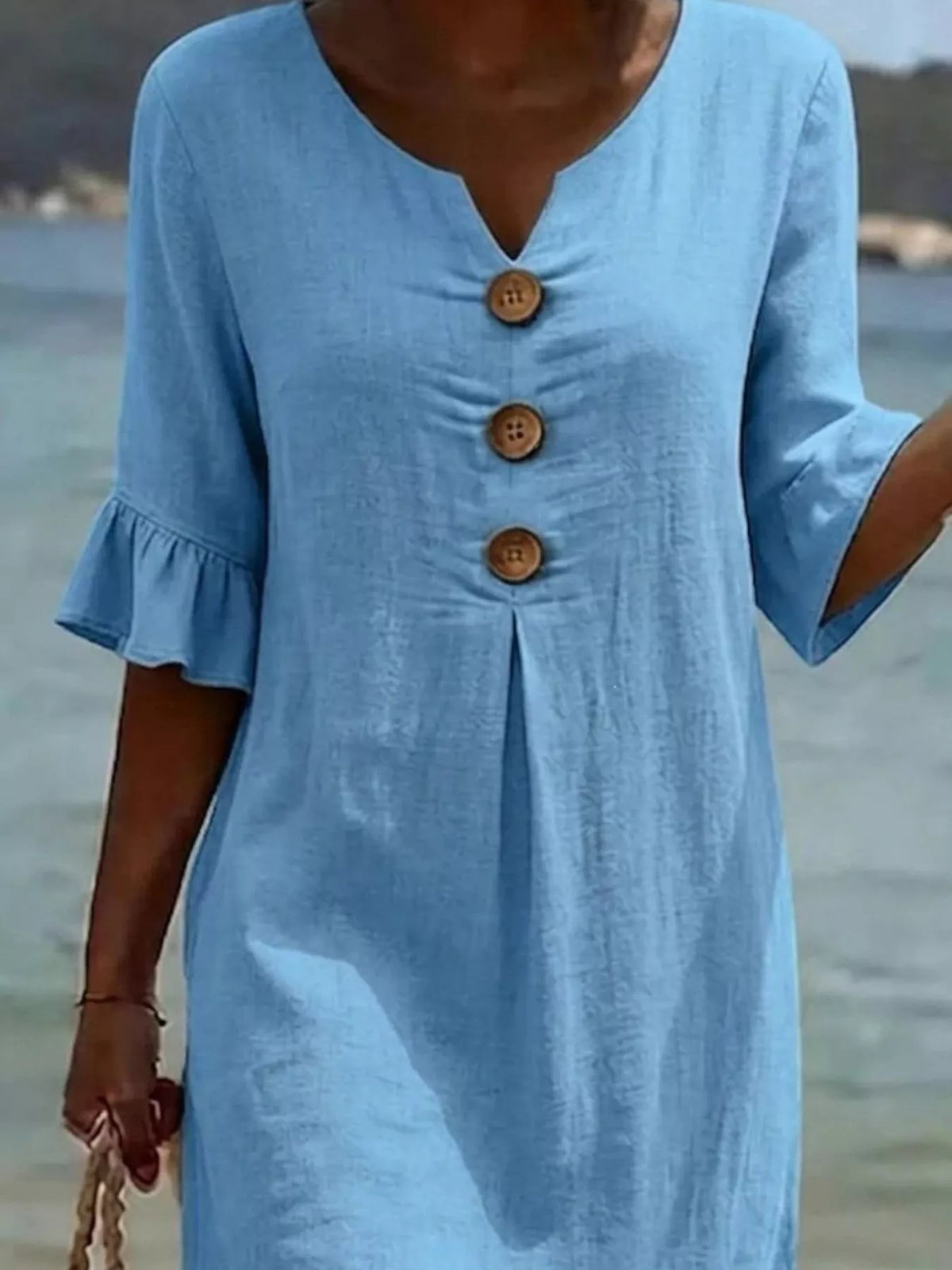 Full Size Button Decor Ruffle Sleeve Midi Dress Plus (5)