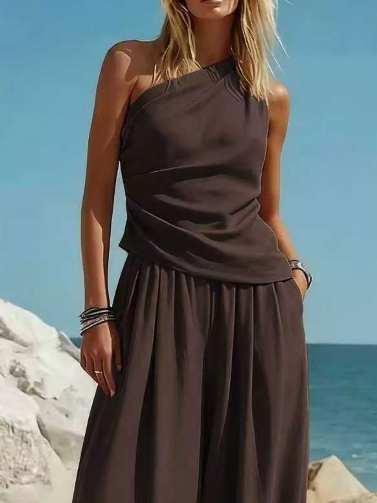 Full Size One-shoulder Top Wide Leg Pants Set Plus (17)