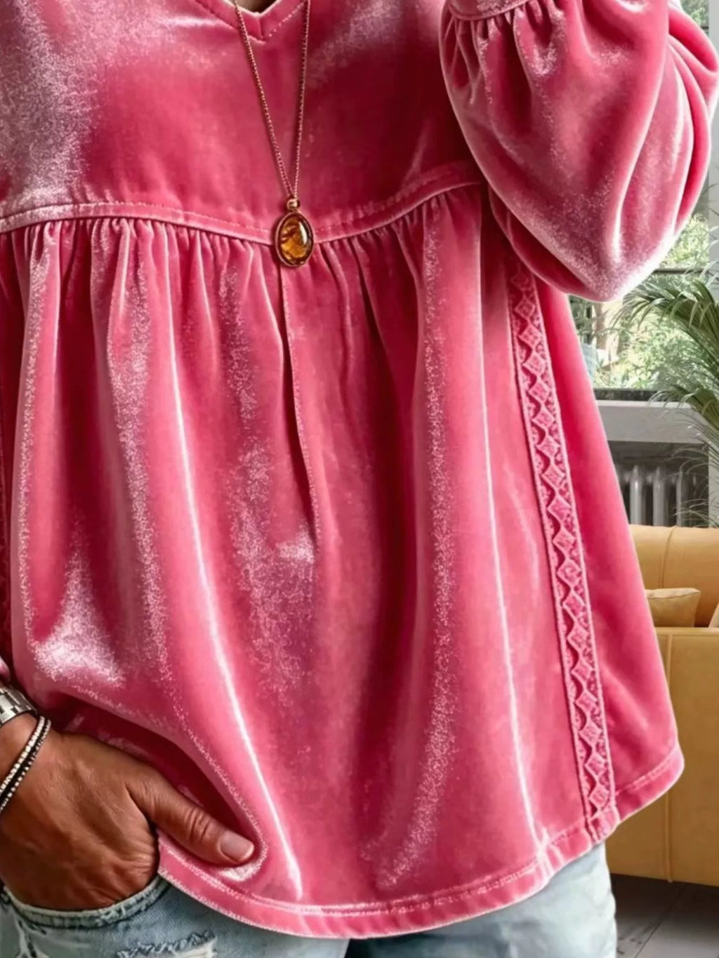 Full Size Velvet Lace Detail V-neck Blouse Plus (22)