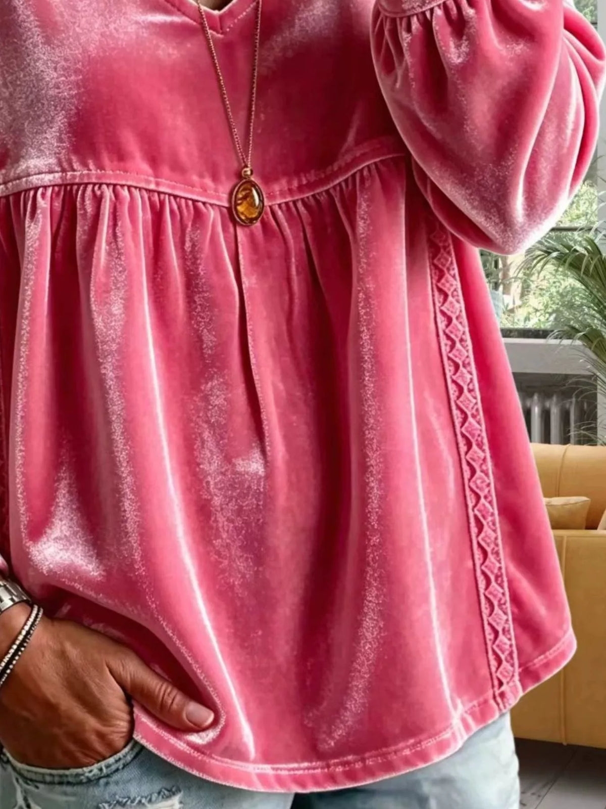 Full Size Velvet Lace Detail V-neck Blouse Plus (22)