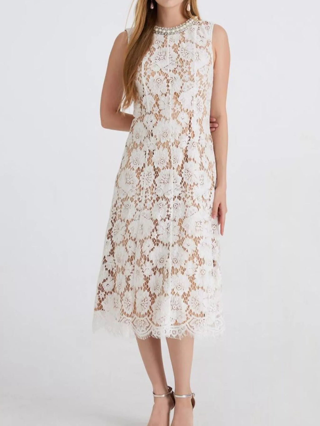Pearl Neckline Sleeveless Lace Dress (5)