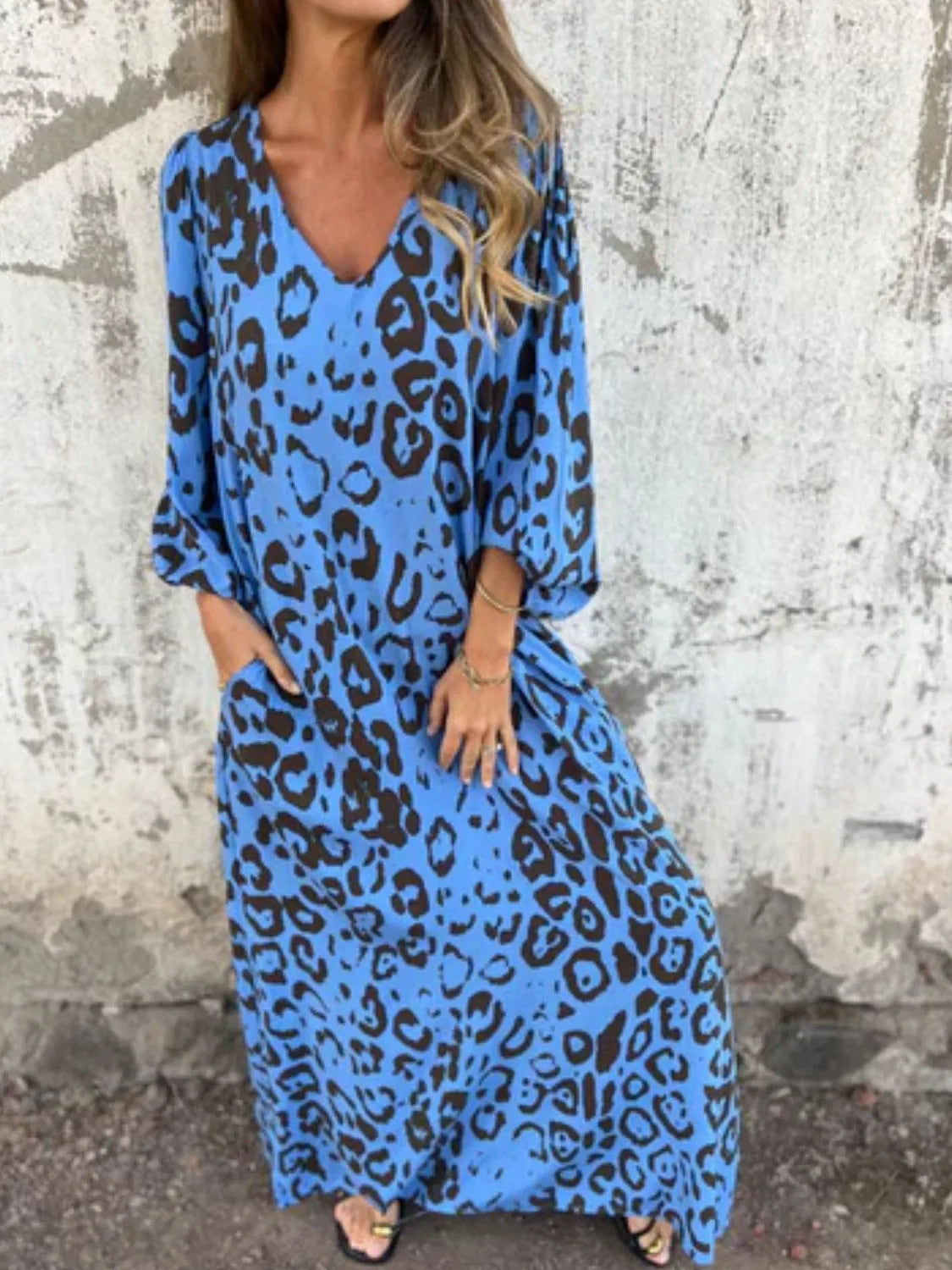Full Size Printed V-neck Dress Pockets Plus (22)