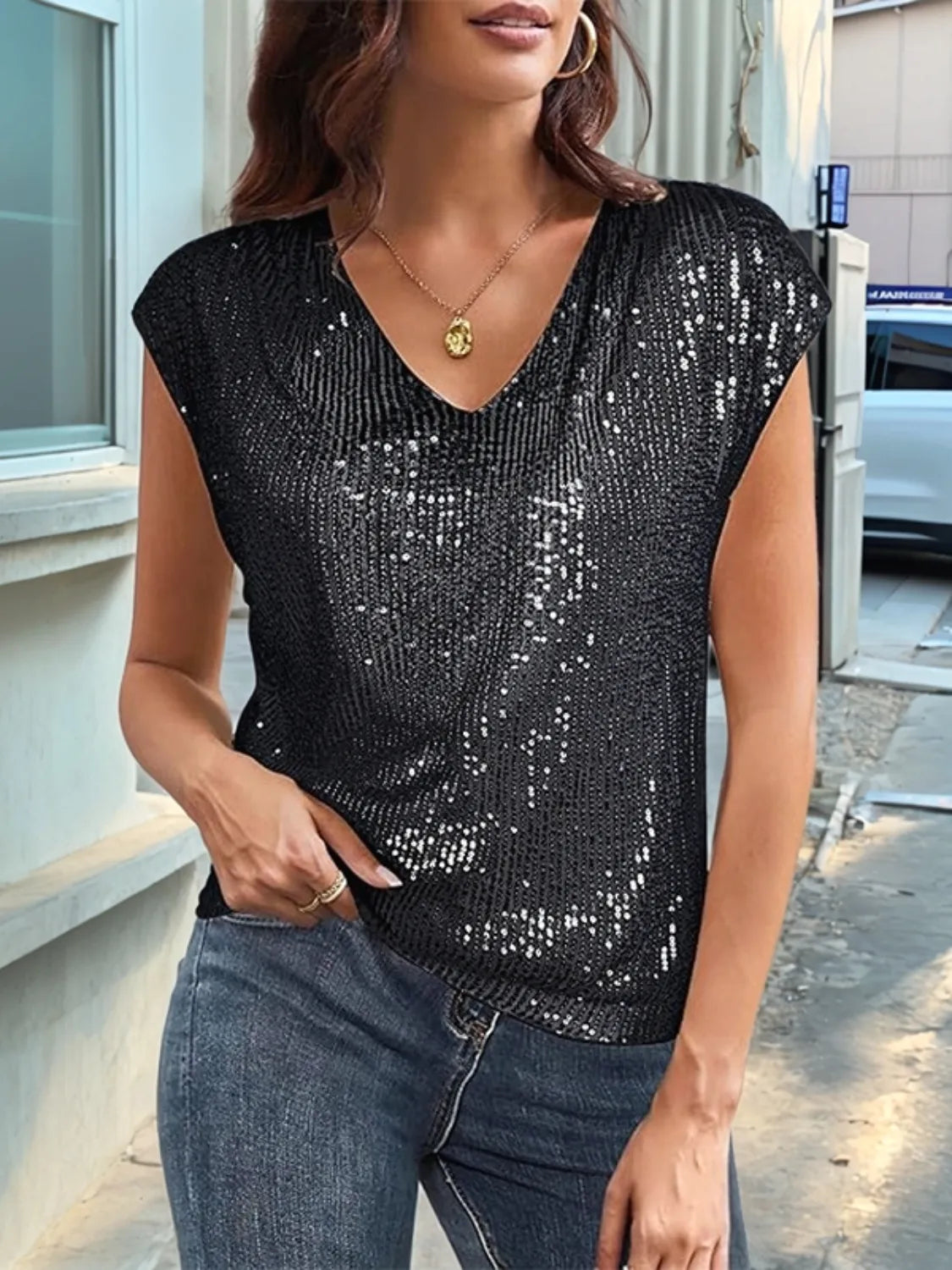V-neck Sequin Cap Sleeve Top (14)