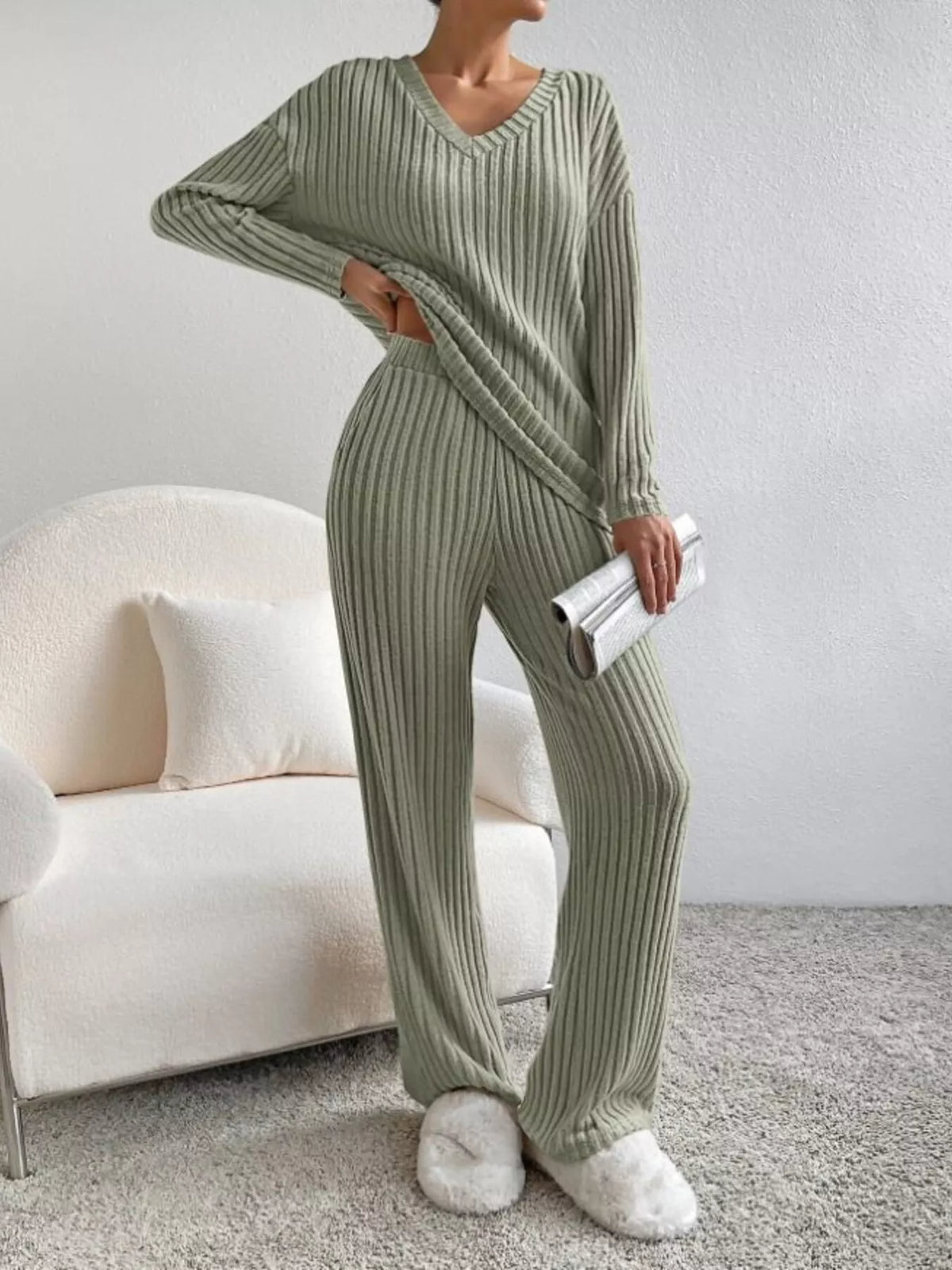 Ribbed Knit V-neck Top Pants Set (15)