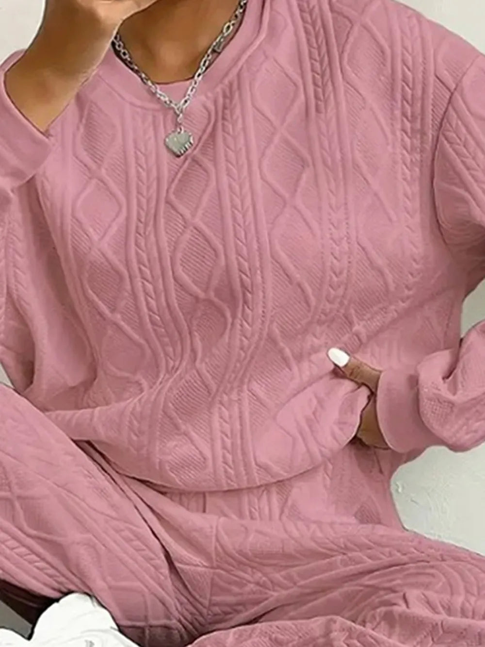 Texture Round Neck Top Pants Set (9)