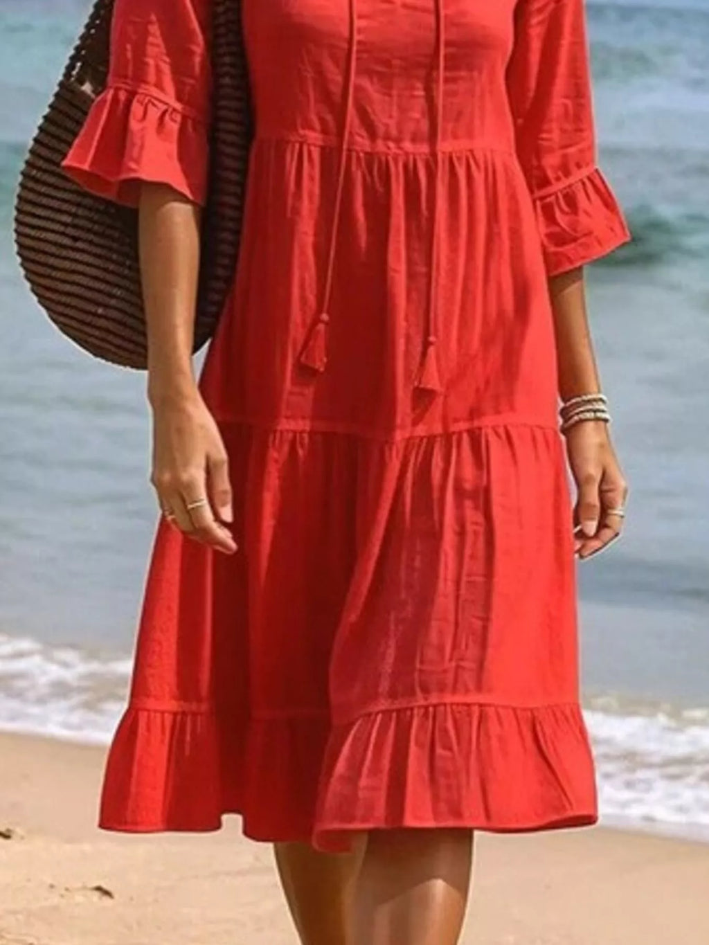 Full Size Tiered Tie Neck Flounce Sleeve Dress Plus (5)