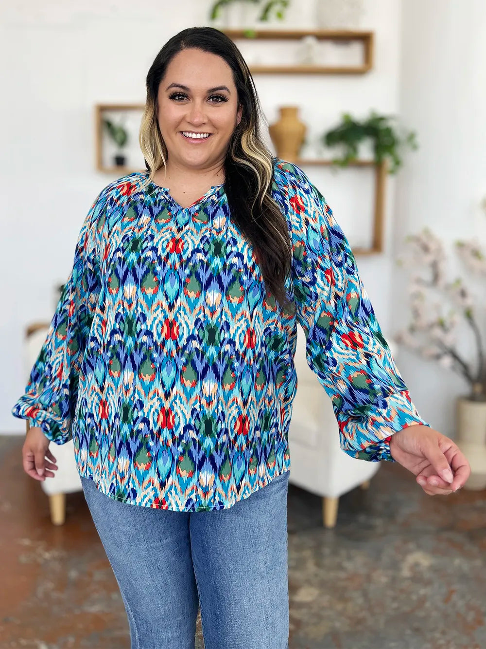 Full Size Printed Balloon Sleeve Blouse (8)