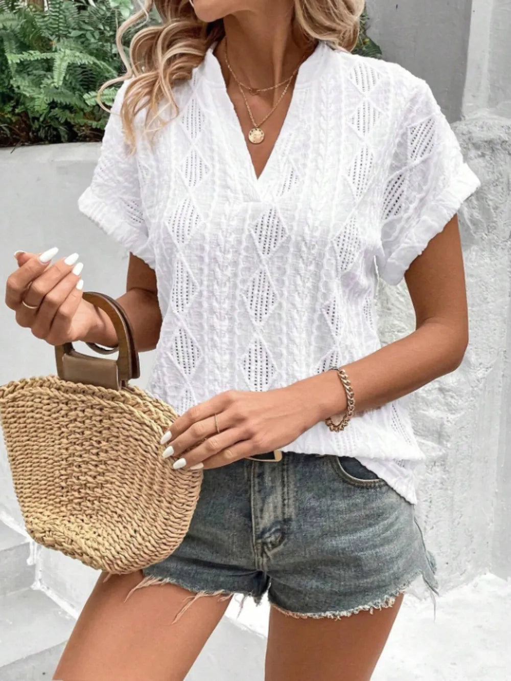 Openwork Notched Short Sleeve Blouse (6)