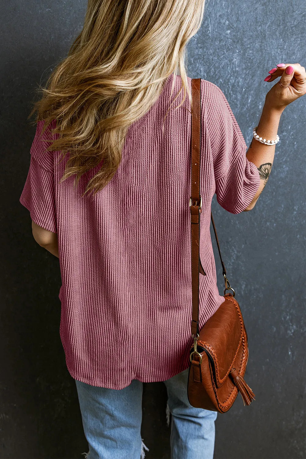 Textured V-neck Dropped Shoulder T-shirt (28)