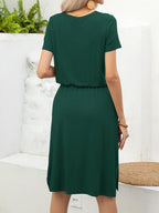 Round Neck Short Sleeve Slit Dress Pockets (2)