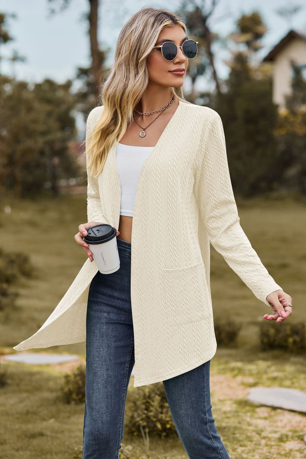 Cable-knit Long Sleeve Cardigan Pocket (16)