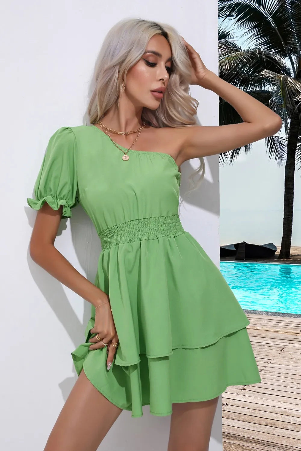 Layered Single Shoulder Flounce Sleeve Mini Dress (3)