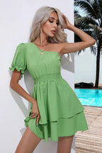 Layered Single Shoulder Flounce Sleeve Mini Dress (3)