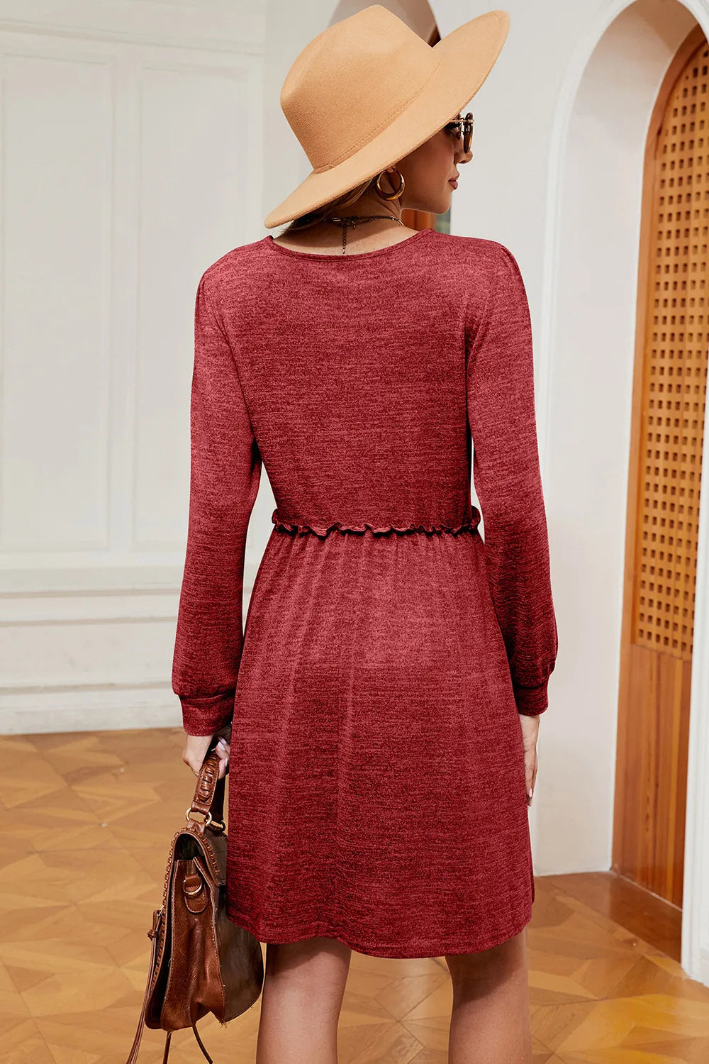 Frill Square Neck Long Sleeve Dress (9)
