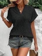 Openwork Notched Short Sleeve Blouse (13)