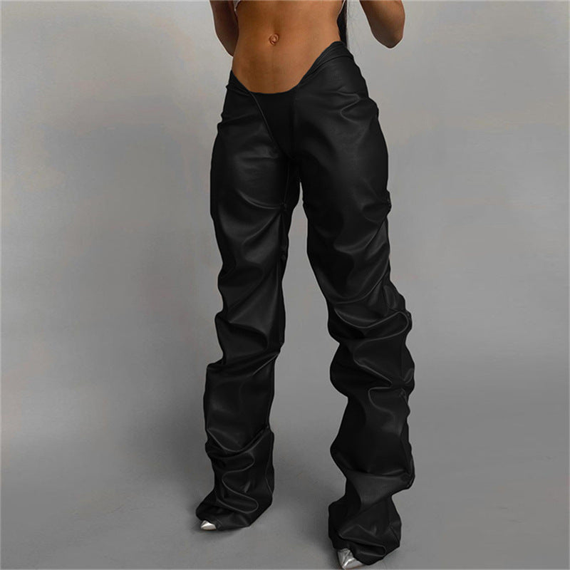 Faux Leather Low-rise Street Snap Straight Leg Casual Pants photo 1