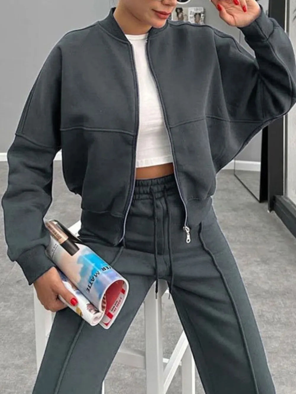 Baseball Collar Zip Up Outerwear Drawstring Pants Set (25)