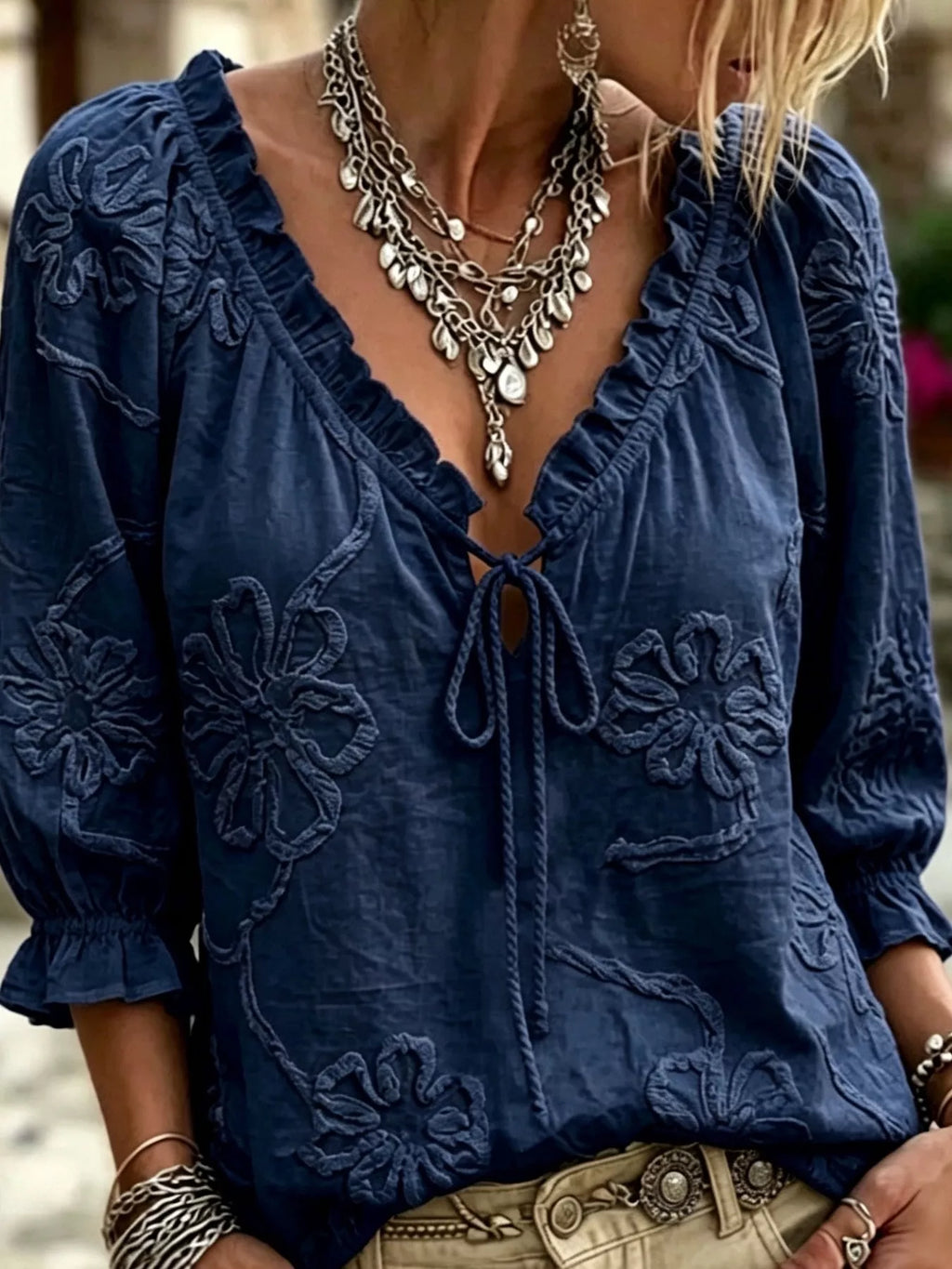 Floral Tie Neck 3/4 Sleeve Blouse (8)