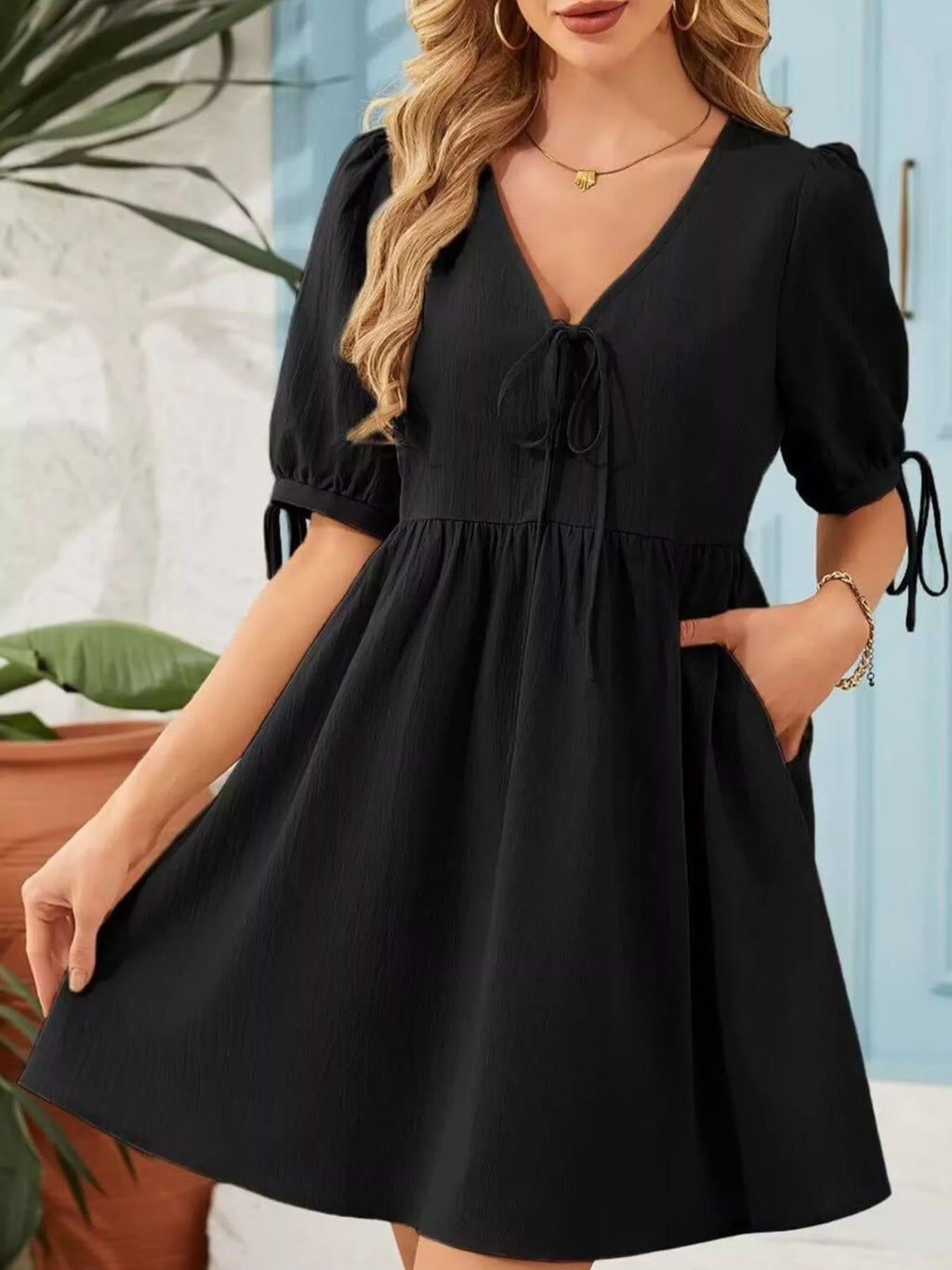 Tie-neck Puff Sleeve A-line Mini Dress (5)