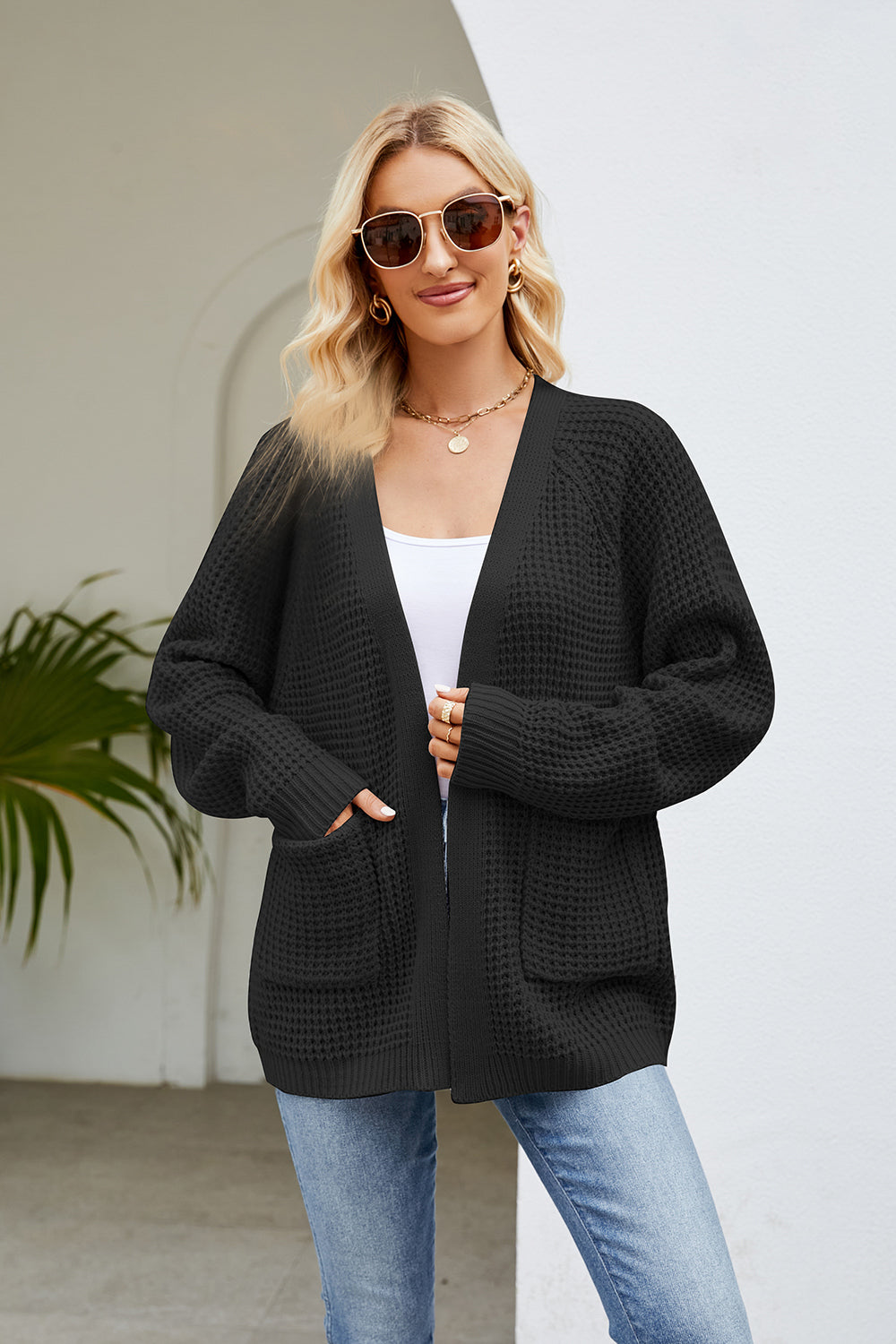 Open Front Long Sleeve Cardigan Pockets