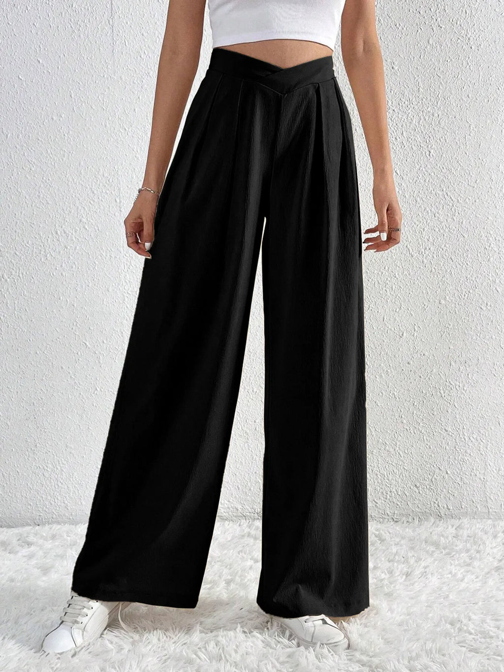 V-waisted Ruched Front Wide Leg Pants (13)