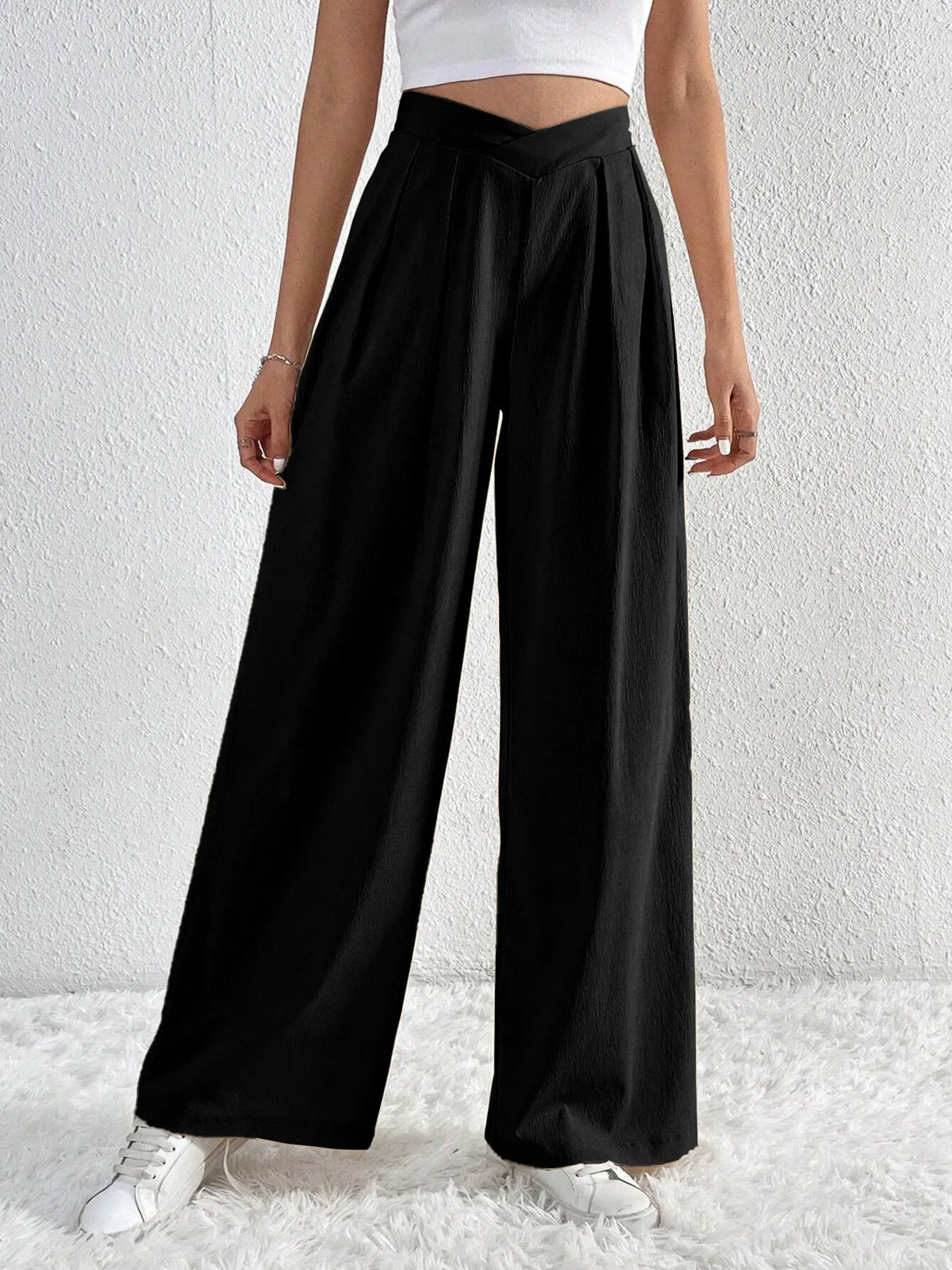 V-waisted Ruched Front Wide Leg Pants (13)