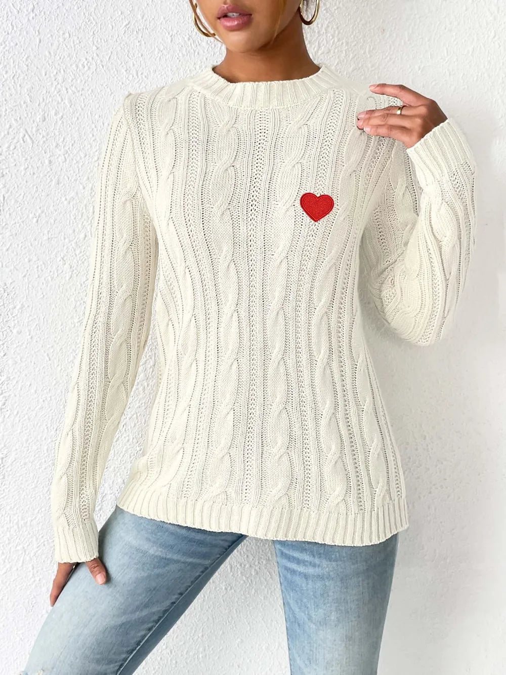 Cable-knit Heart Round Neck Long Sleeve Sweater (9)