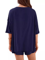 Casual Solid Color V-neck Top Shorts Set (31)