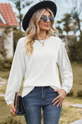Eyelet Round Neck Long Sleeve T-shirt