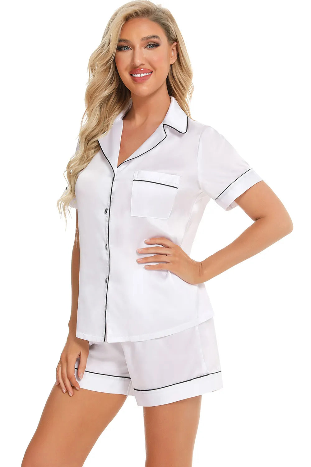 Printed Button Up Short Sleeve Top Shorts Lounge Set (17)