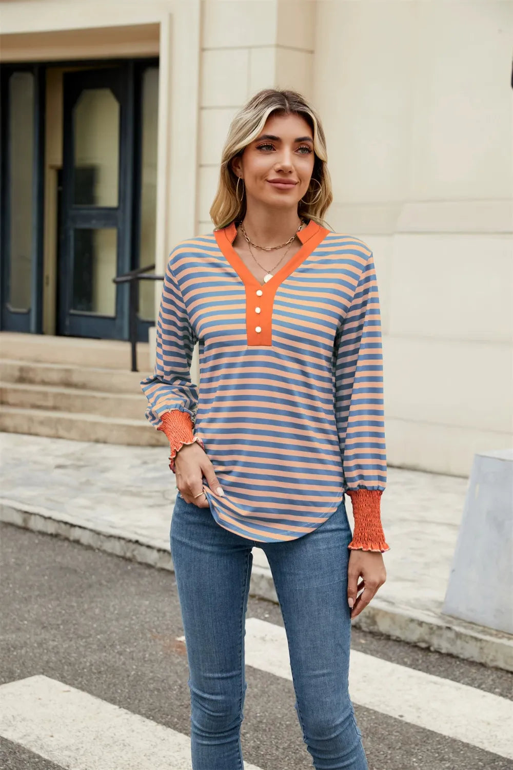Contrast Striped Notched Long Sleeve Top (4)