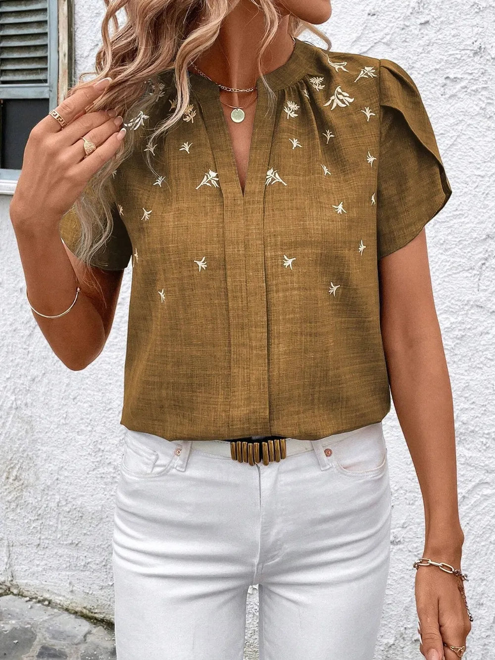 Floral Notched Short Sleeve Blouse (22)