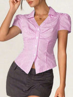 Striped Collared Neck Short Sleeve Shirt (5)
