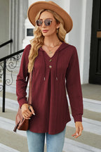 Decorative Button Drawstring Long Sleeve Hoodie (2)