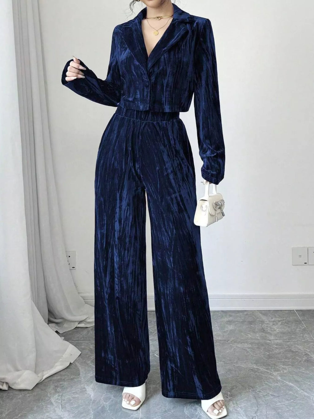 Pleated Velvet Blazer Wide Leg Pants Set (2)