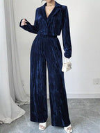 Pleated Velvet Blazer Wide Leg Pants Set (2)