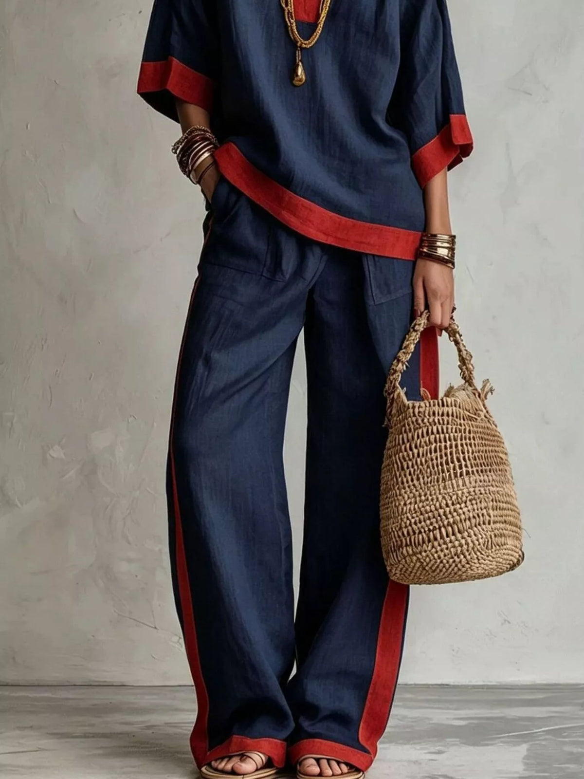 Full Size Contrast Trim Top Wide Leg Pants Set Plus (12)