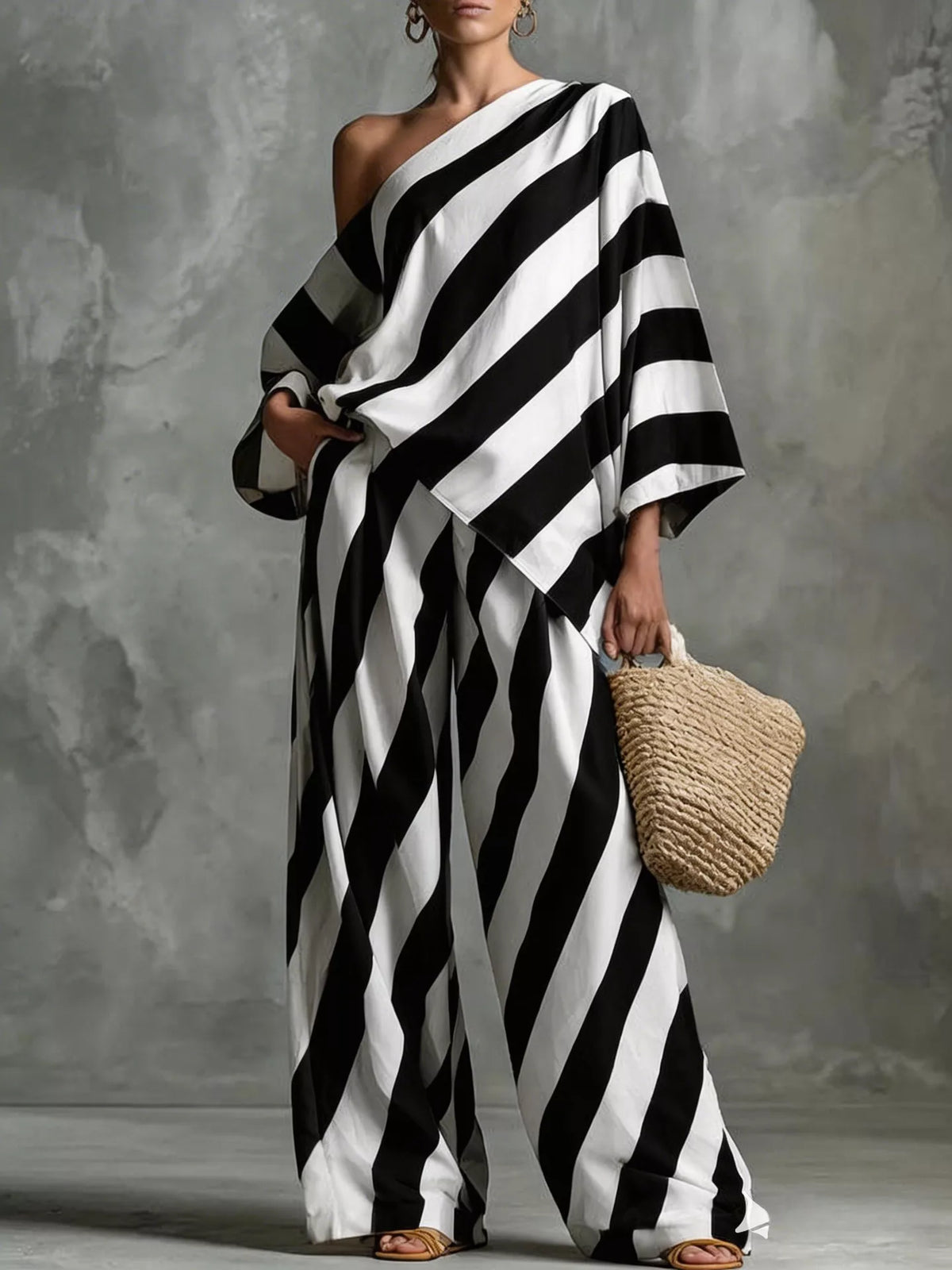 Full Size One-shoulder Striped Top Wide-leg Pants Set Plus