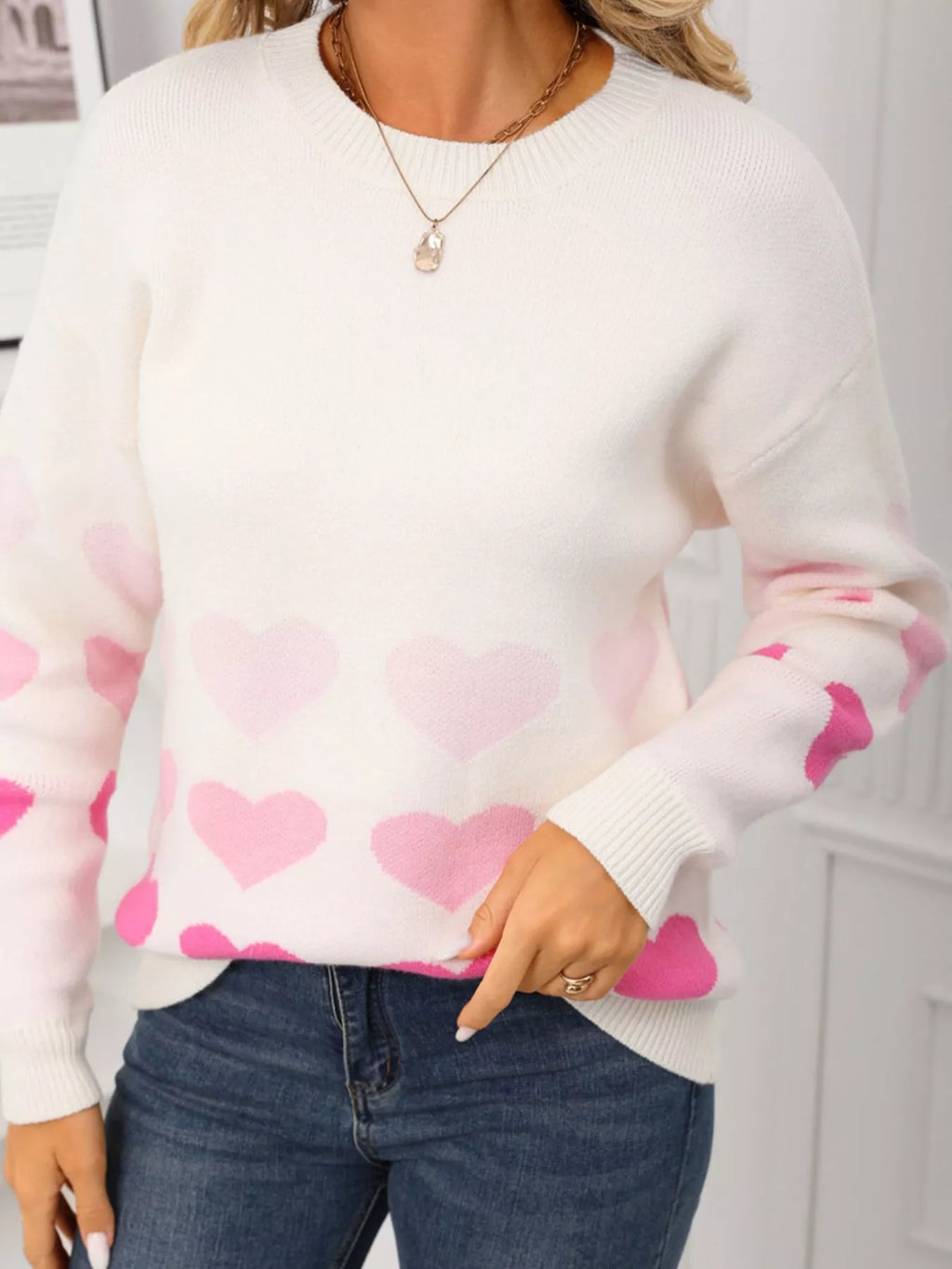 Valentine's Day Heart Pattern Crew Neck Sweater (6)
