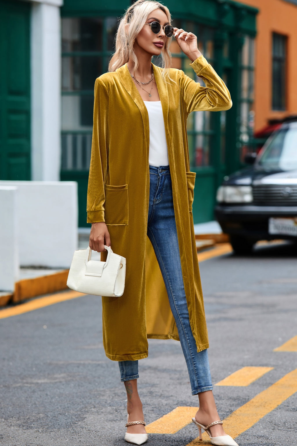 Velvet Open Front Long Cardigan Pockets (3)